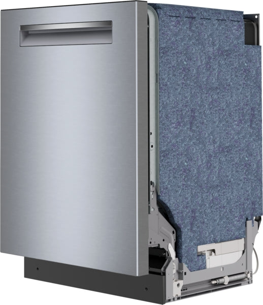 Partially assembled stainless steel dishwasher with anti-fingerprint finish shown without top and side panels in Appliances collection