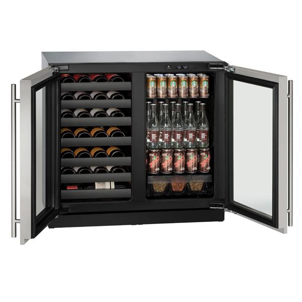 36-inch beverage center with dual glass doors, multiple shelves for wine bottles and canned drinks in black finish