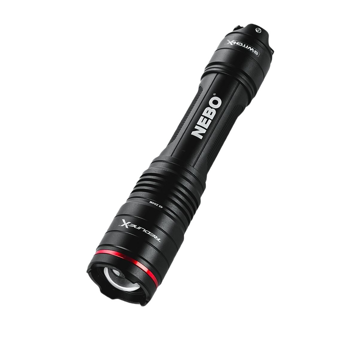 Black rechargeable LED flashlight with red accent and textured grip for tools and home improvement use