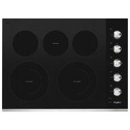 30-inch black electric ceramic cooktop with five burners, including two dual radiant elements and metallic control knobs from electric cooktops collection