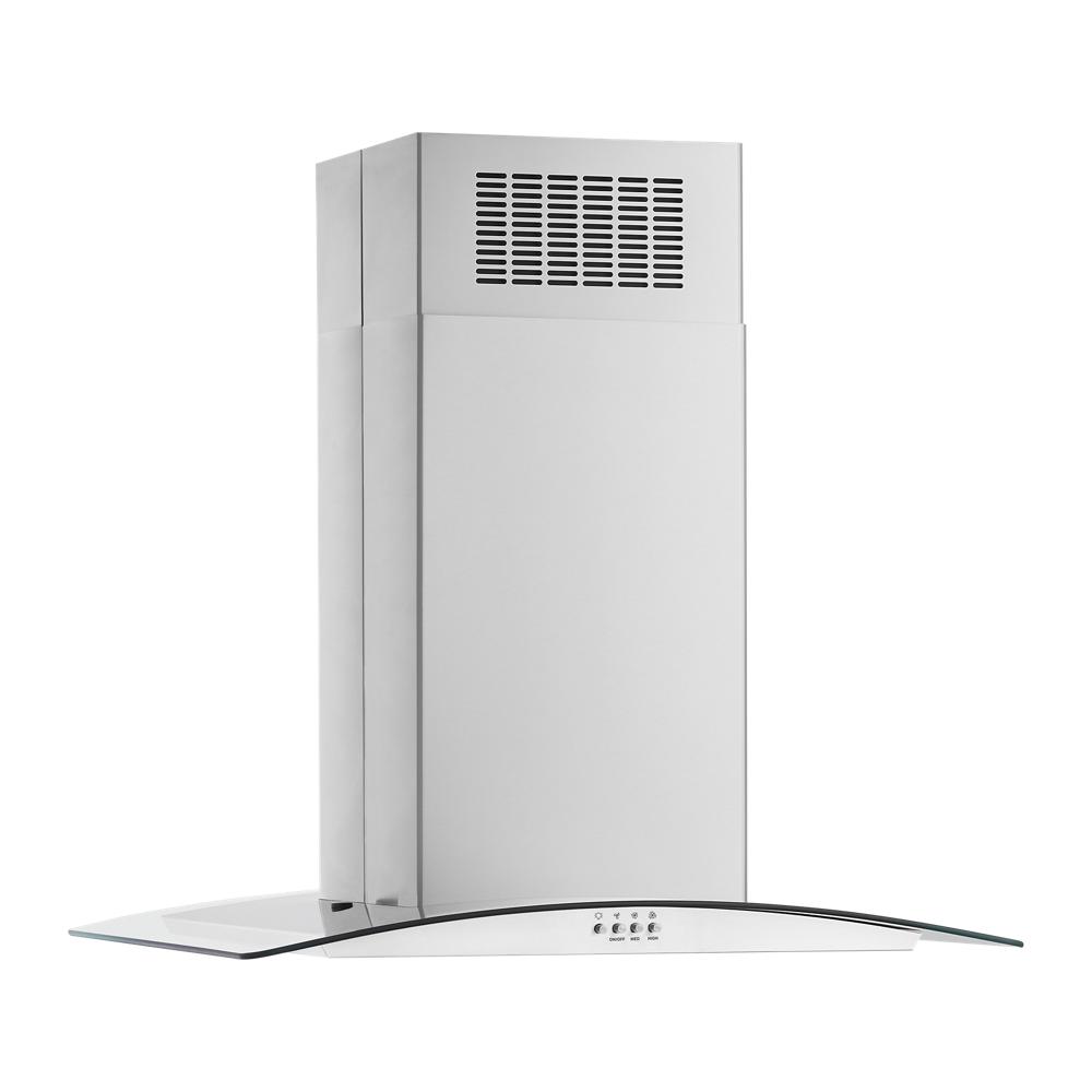 Stainless steel island vent hood with curved glass canopy and 3-speed controls in kitchen appliances collection