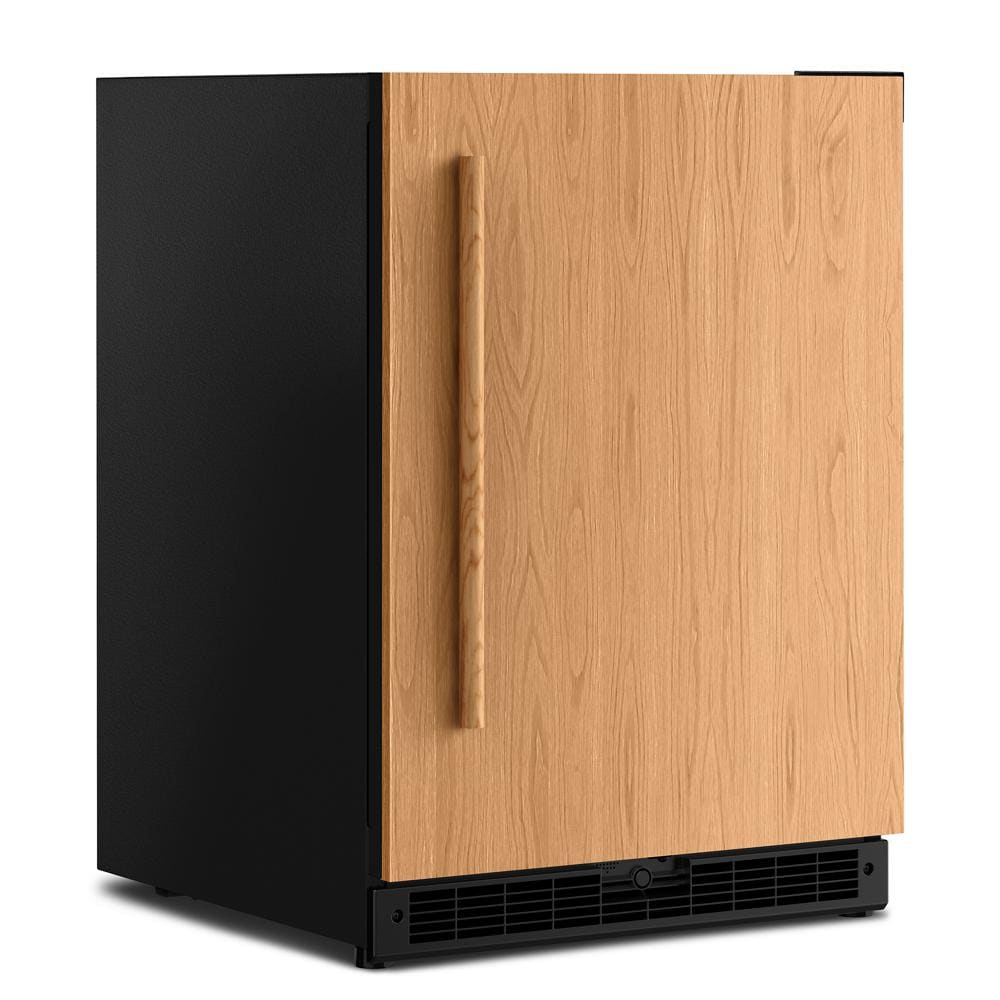 Undercounter refrigerator with natural wood panel door and black vent grille for KitchenAid appliances collection