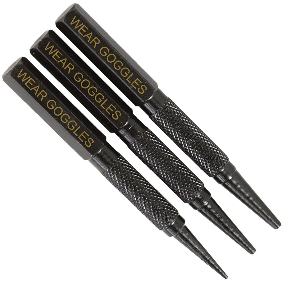 Set of three high carbon steel nail sets with textured grip handles and safety warning "Wear Goggles" printed on each tool