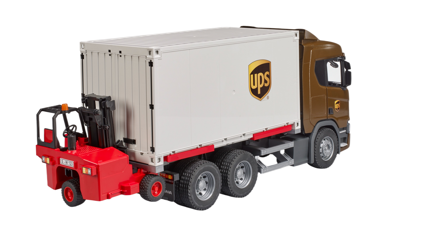 Detailed brown and white UPS logistics toy truck with attached red forklift in Bruder Toys and Vehicles collections