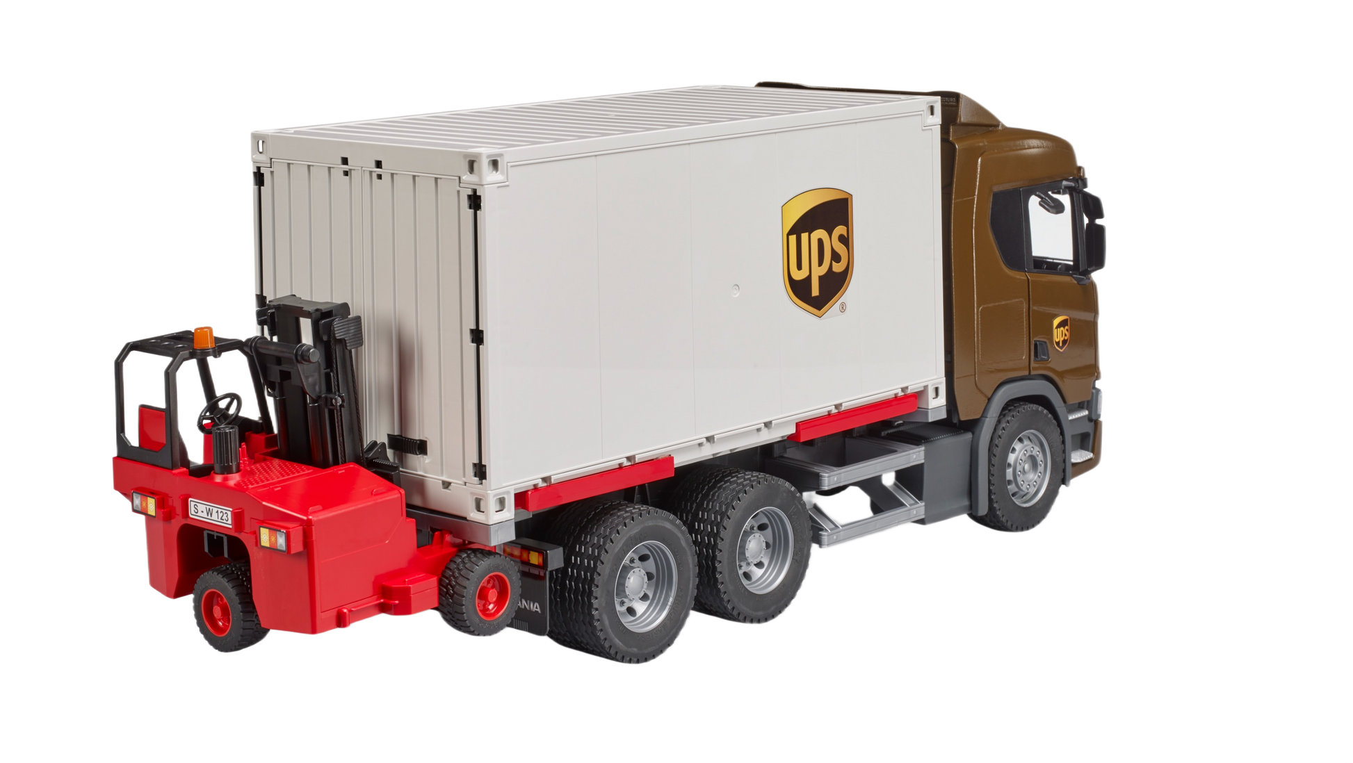 Detailed brown and white UPS logistics toy truck with attached red forklift in Bruder Toys and Vehicles collections
