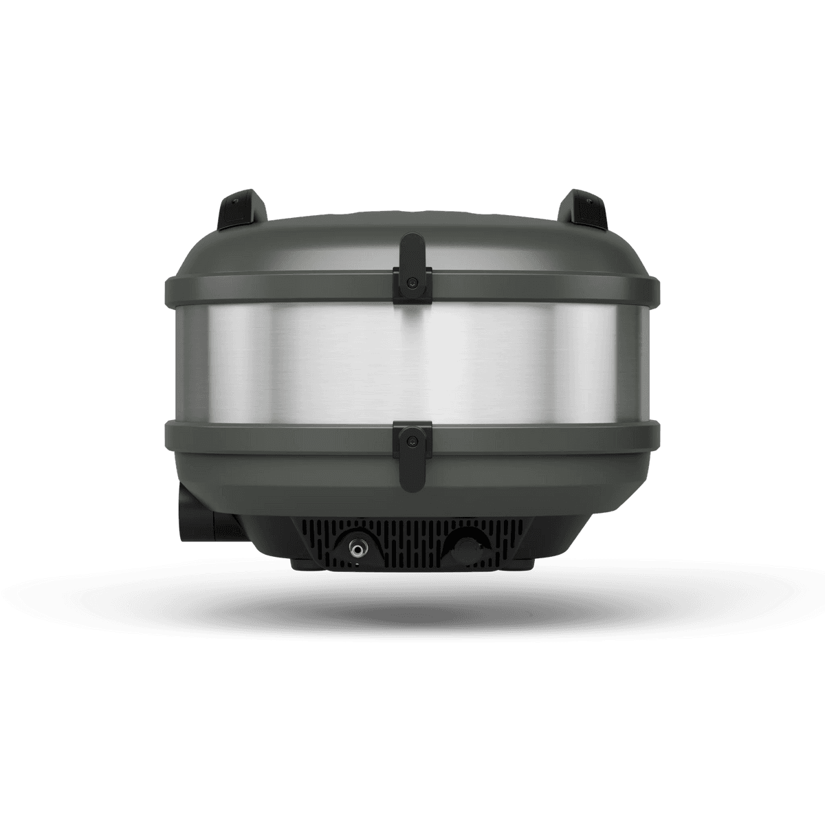 Compact black and silver portable pizza oven with rugged aluminum and steel design for outdoor living and grilling use
