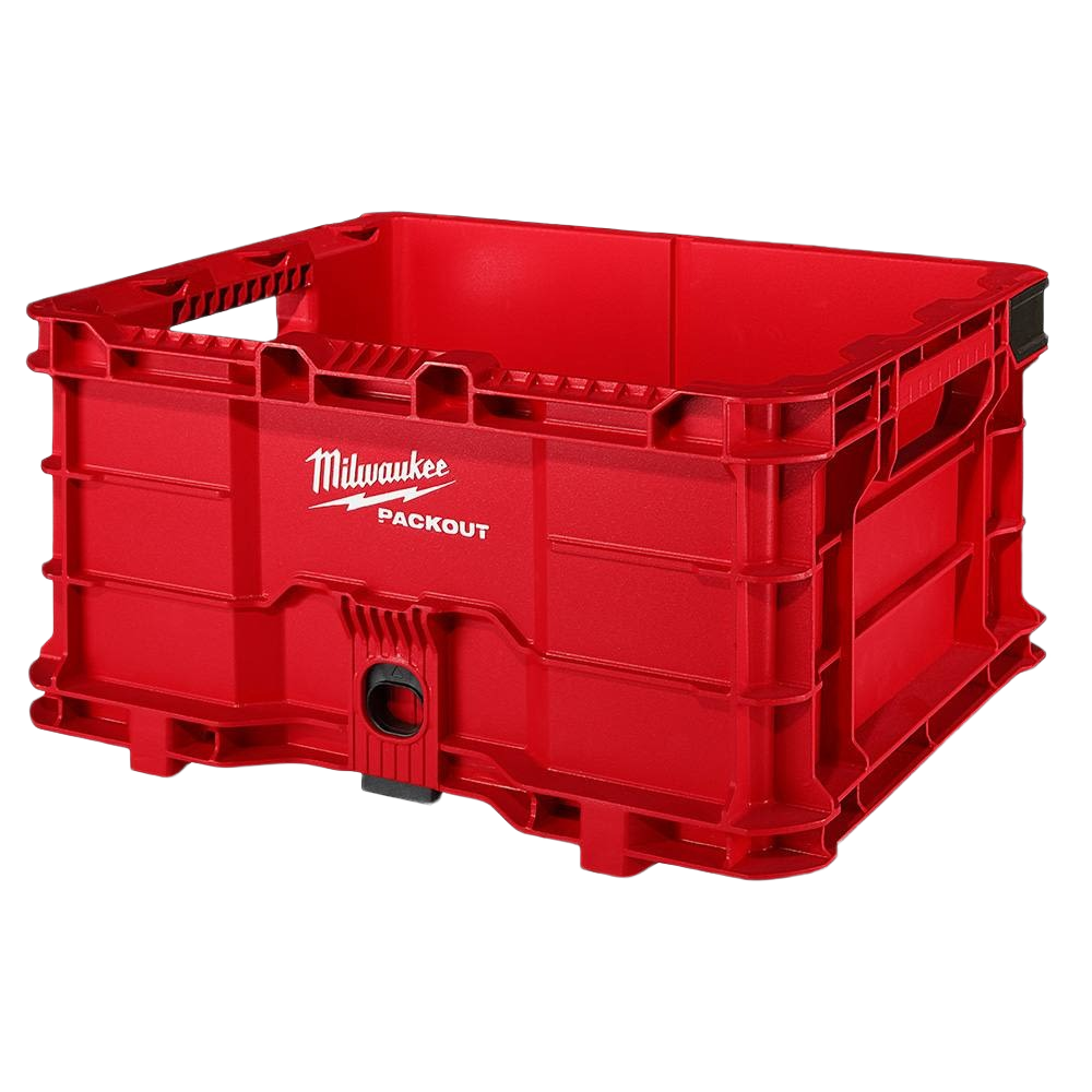 Heavy-duty red modular storage crate made from impact-resistant polymer for tool storage and workshop organization