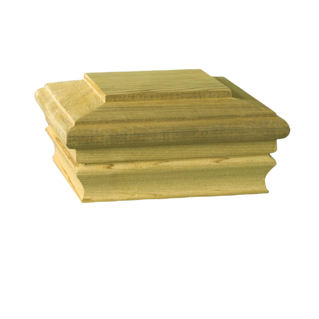 Pressure-treated wooden post cap with classic layered design for outdoor deck and fence posts in home improvement projects