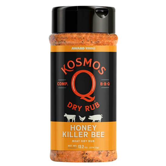 Black and orange bottle of Kosmos Q Honey Killer Bee meat dry rub with seasoning visible inside for BBQ grilling