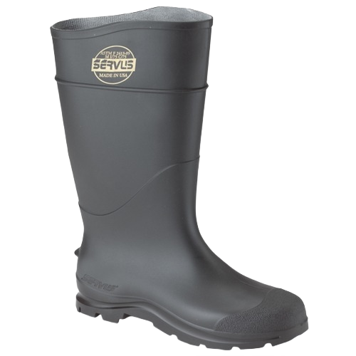 Black rubber safety boot with textured toe and slip-resistant sole designed for durable outdoor work use