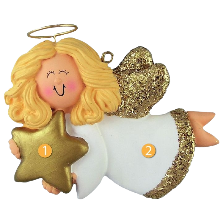 Blonde angel ornament holding a golden star with glittery wings and white robe Christmas tree decoration under $50