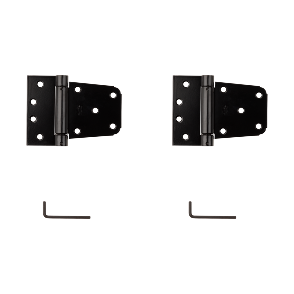Pair of black heavy-duty gate hinges with hex keys for gate hardware in home improvement projects under $50