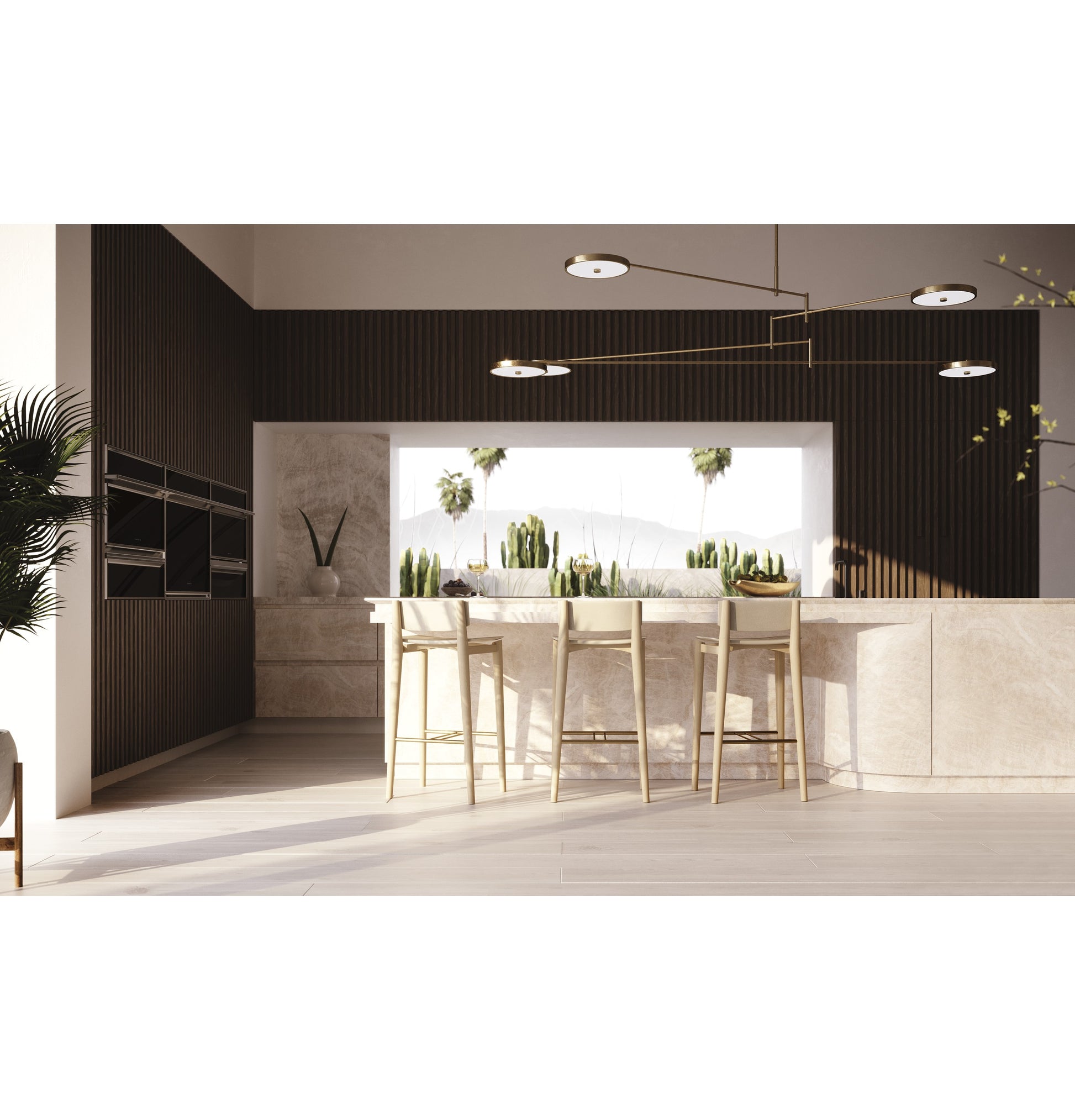 Contemporary kitchen featuring a light stone island, dark wood cabinetry, and built-in stainless steel appliances from refrigerators collection