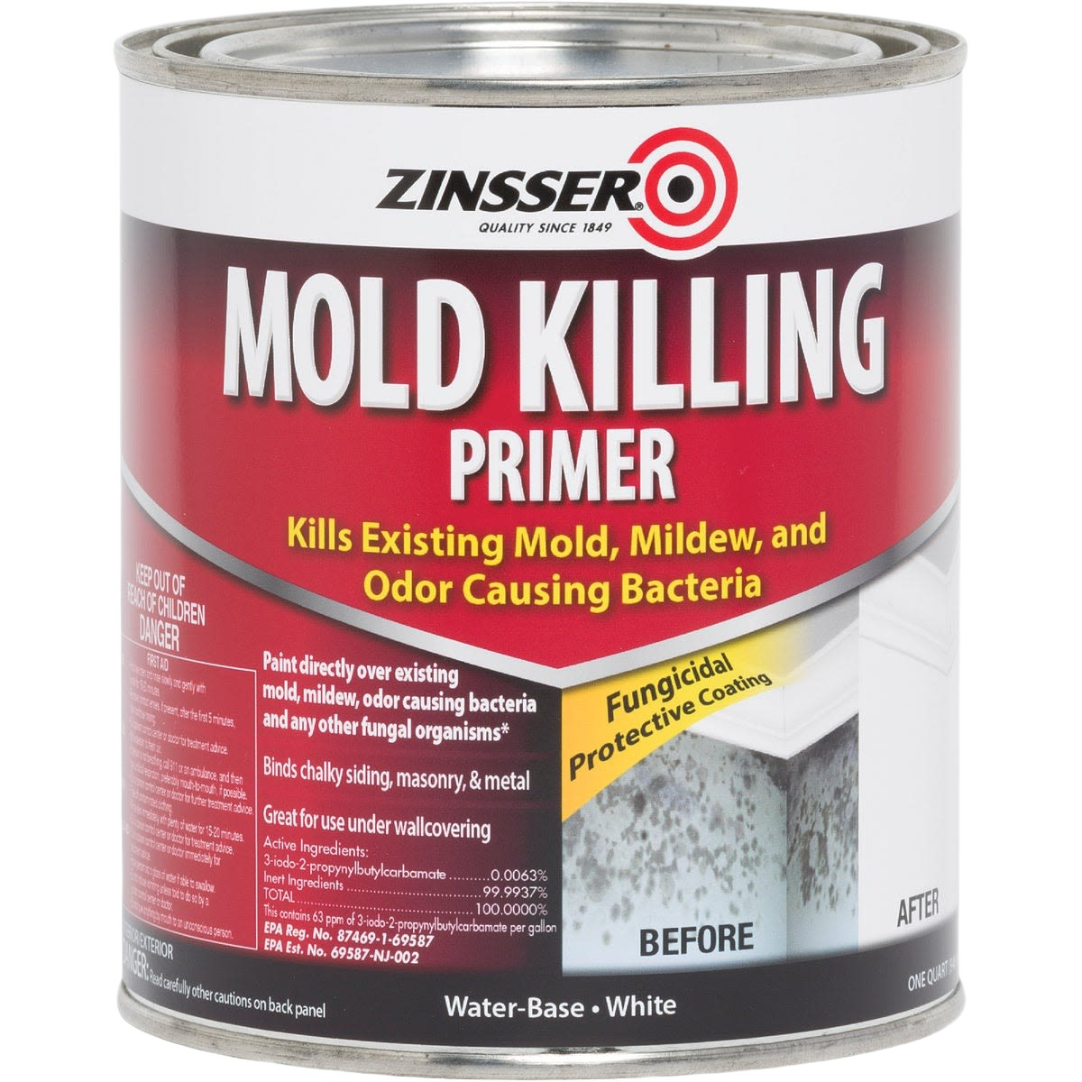 Quart container of Zinsser mold killing water-based primer for interior and exterior use in paint supplies under $50 collection