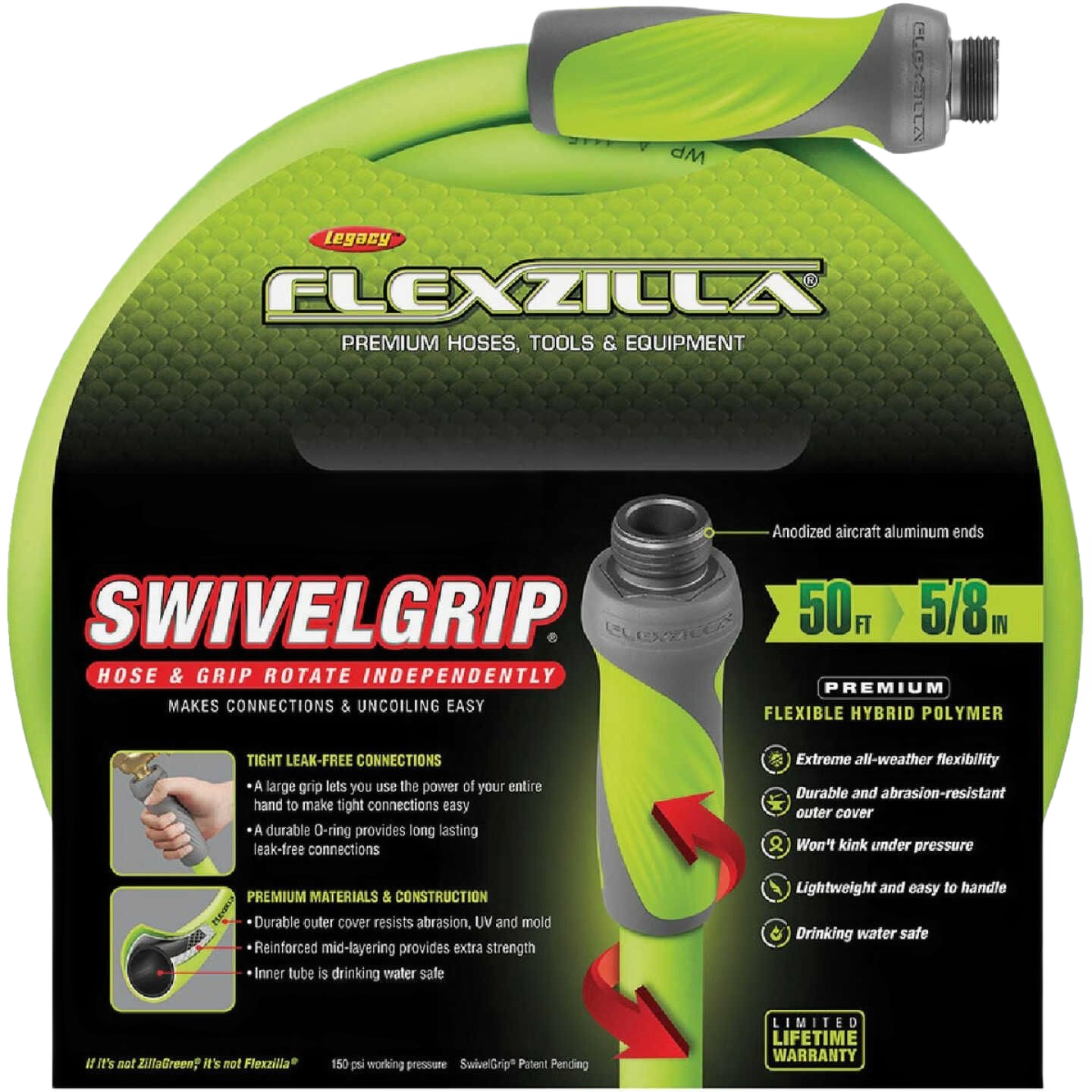 Flexible hybrid polymer garden hose with swivel grip connections designed for tools and home improvement use