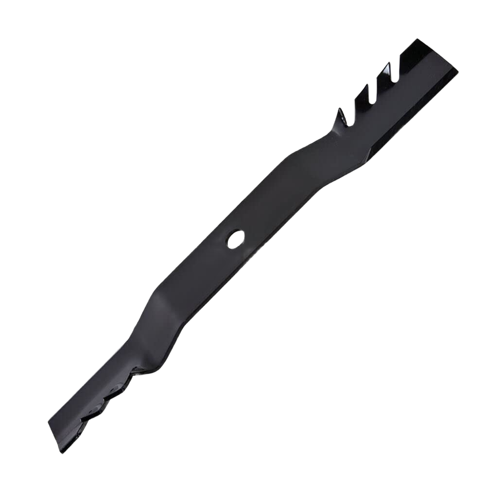 Black steel mower blade with unique tooth design for efficient cutting, suitable for Parts & Lubricants and Under $100 collections