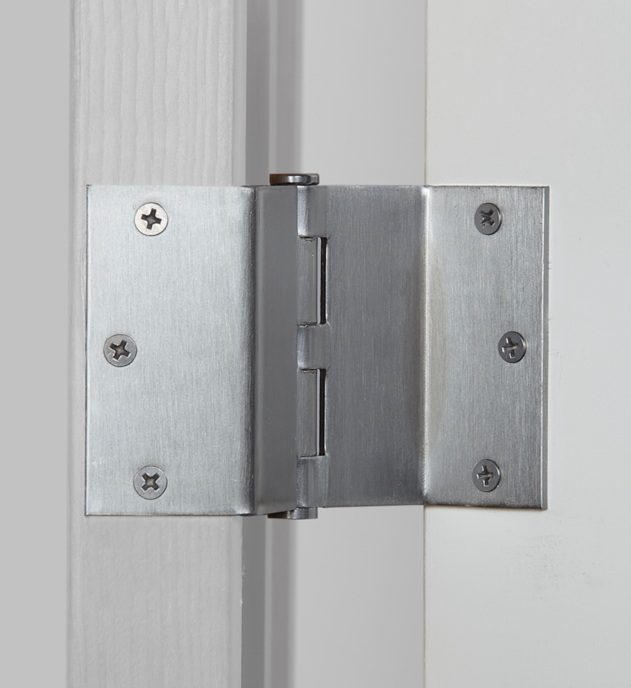 Satin chrome swing clear hinge with mounting screws for durable door hardware in home improvement projects under $50