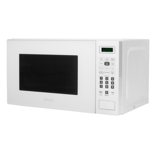 White compact countertop microwave with digital keypad, green LED display, and multiple cooking options for kitchen use