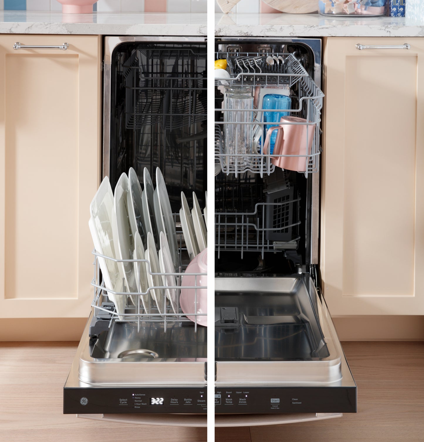 Open stainless steel dishwasher showing two racks loaded with dishes and kitchenware in a modern kitchen