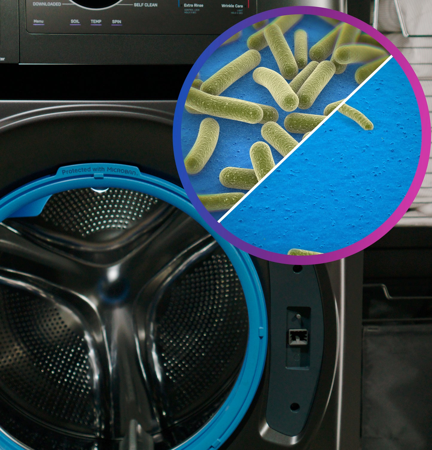 Close-up of open washer door with blue antibacterial seal and inset showing bacteria versus clean surface inside washer combo appliance