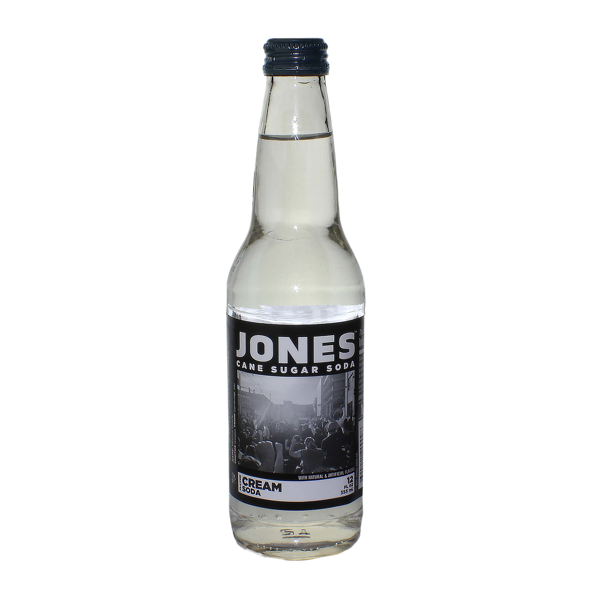 Clear glass bottle of Jones cane sugar cream soda in the drinks collection under $50 and food & beverage categories