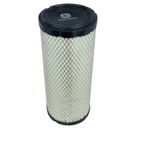 Cylindrical primary air filter element with metal mesh and black plastic caps for John Deere parts and lubricants collection