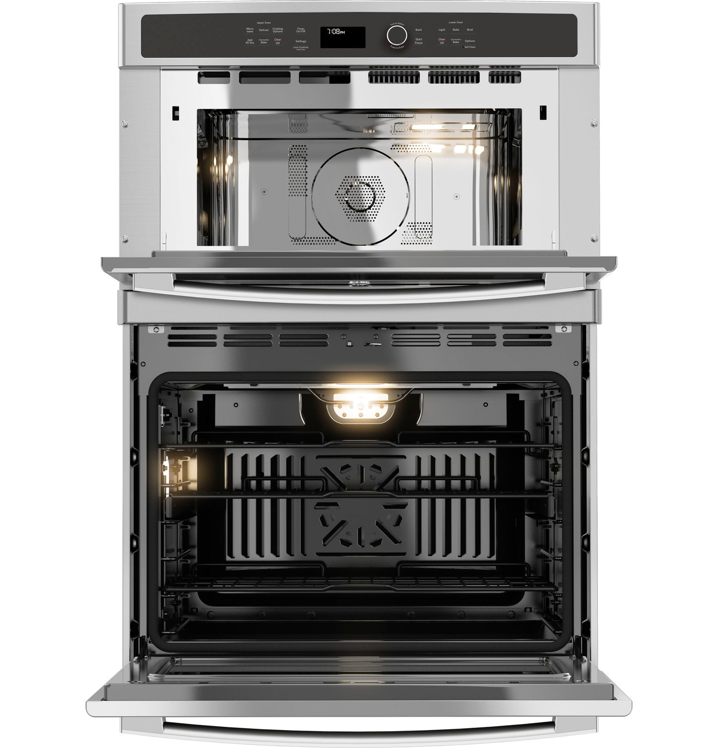 Built-in stainless steel combination convection microwave above convection wall oven with open doors and interior lights on