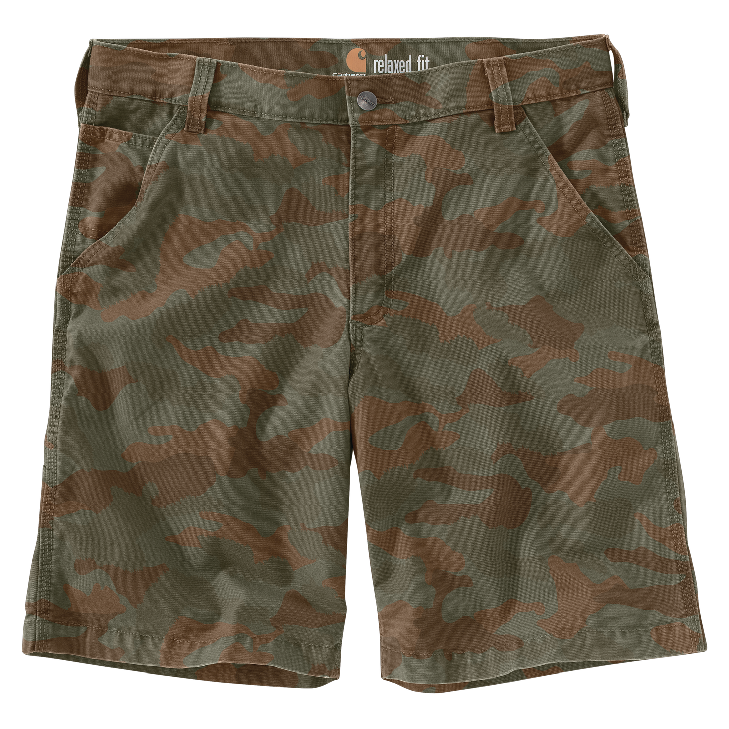 Men's relaxed fit 10-inch camo shorts in durable cotton-spandex canvas with Rugged Flex stretch technology