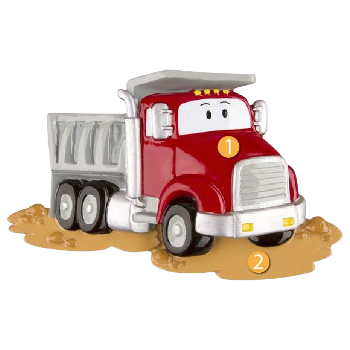 Red and silver child-friendly dumptruck ornament with smiling face on mud base from Christmas Ornaments & Tree Decorations collection