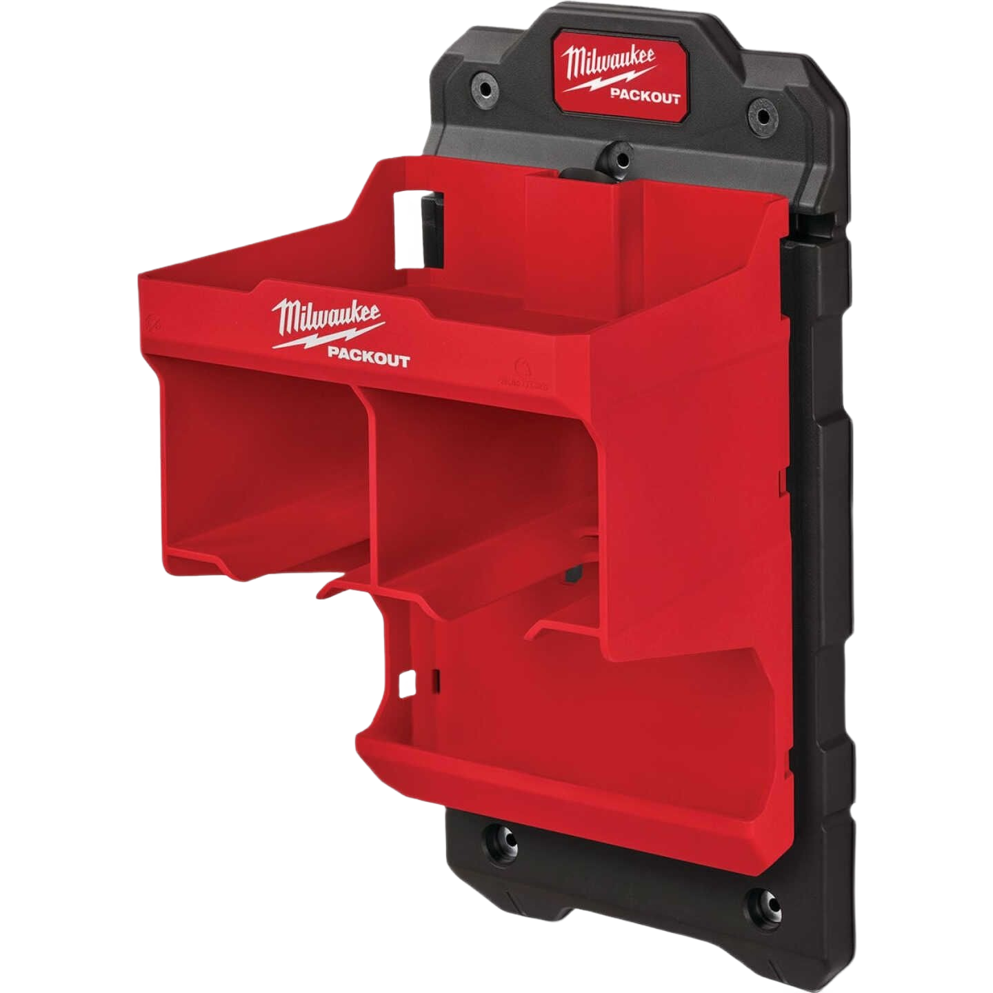 Red Milwaukee PACKOUT™ modular tool storage station with multiple compartments for organizing tools and accessories