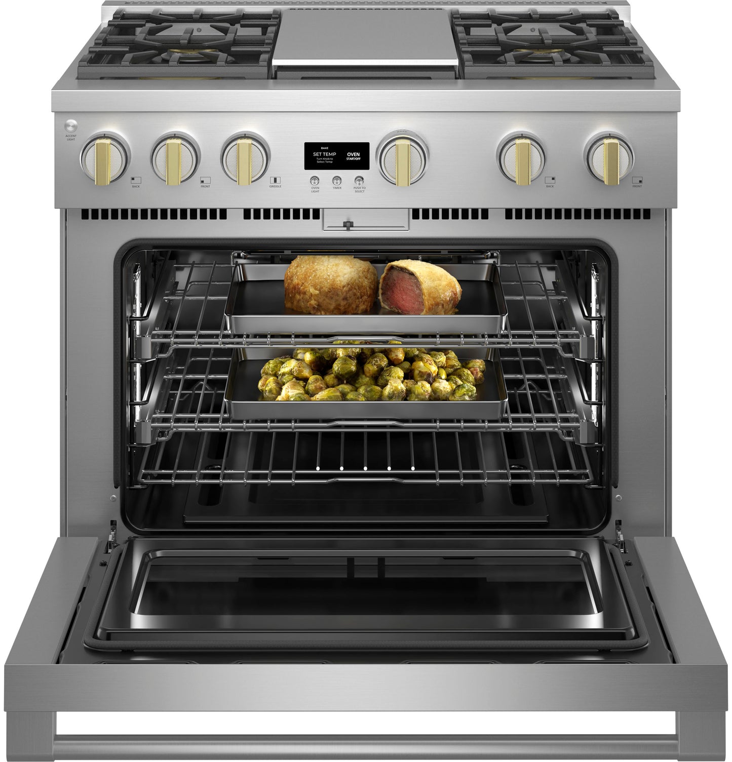 Silver professional gas range with open oven containing roast and roasted vegetables on racks in kitchen appliances collection