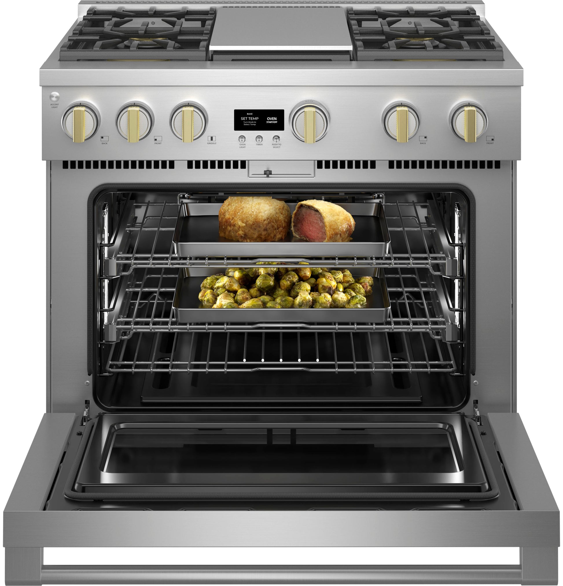 Silver professional gas range with open oven containing roast and roasted vegetables on racks in kitchen appliances collection