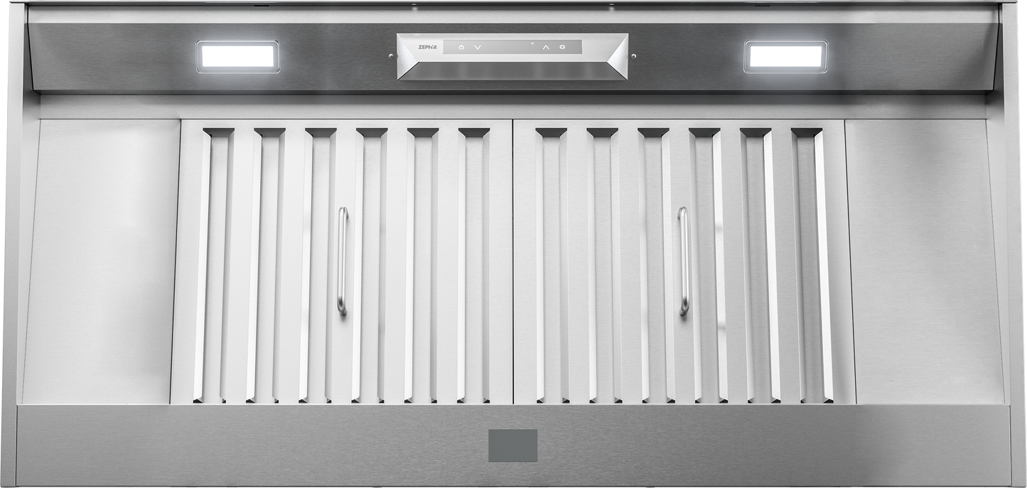 stainless steel range hood insert with LED lighting and baffle filters for kitchen ventilation and home improvement