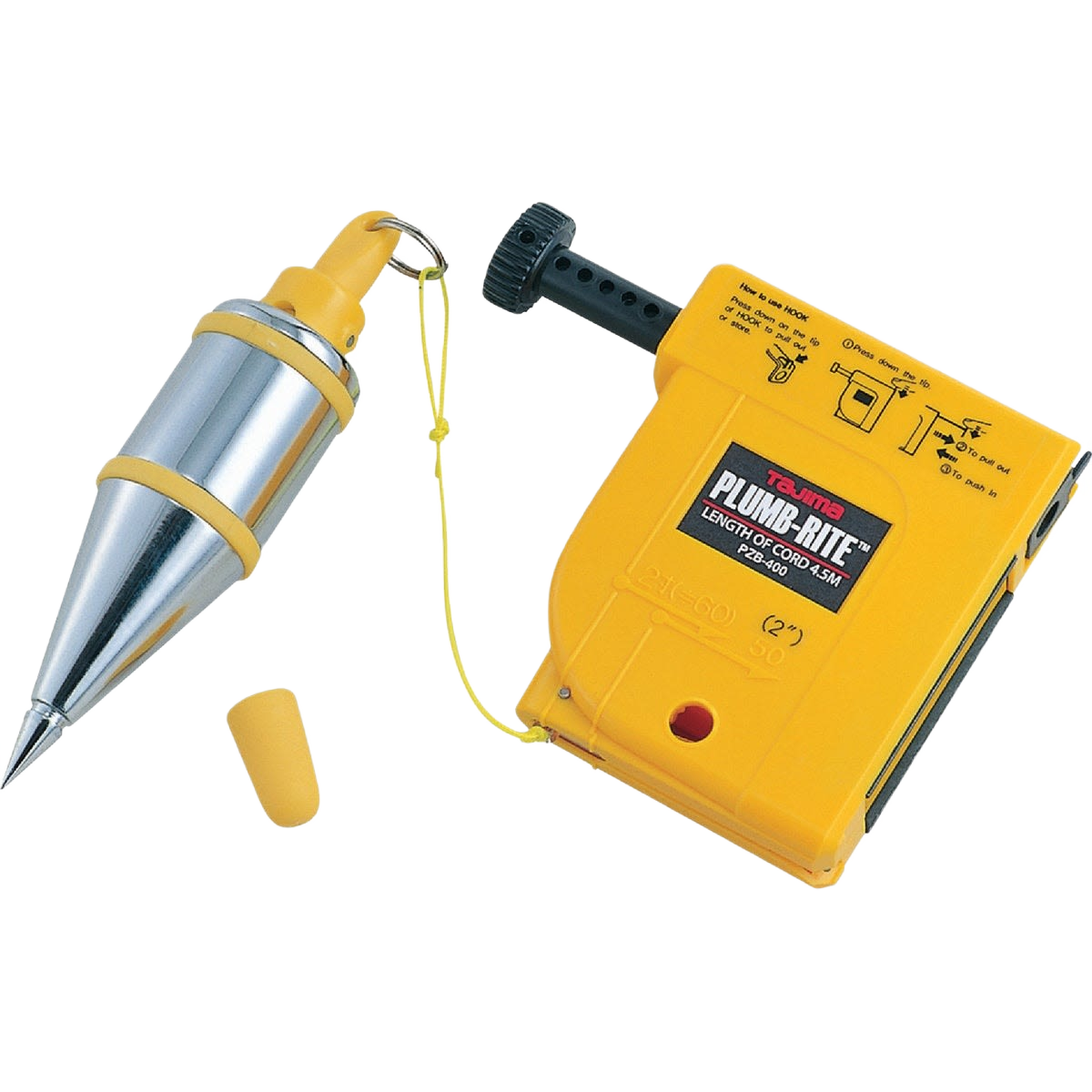 Yellow and silver magnetic plumb bob with a yellow reel case, keychain clip, and cap for woodworking and measuring tasks