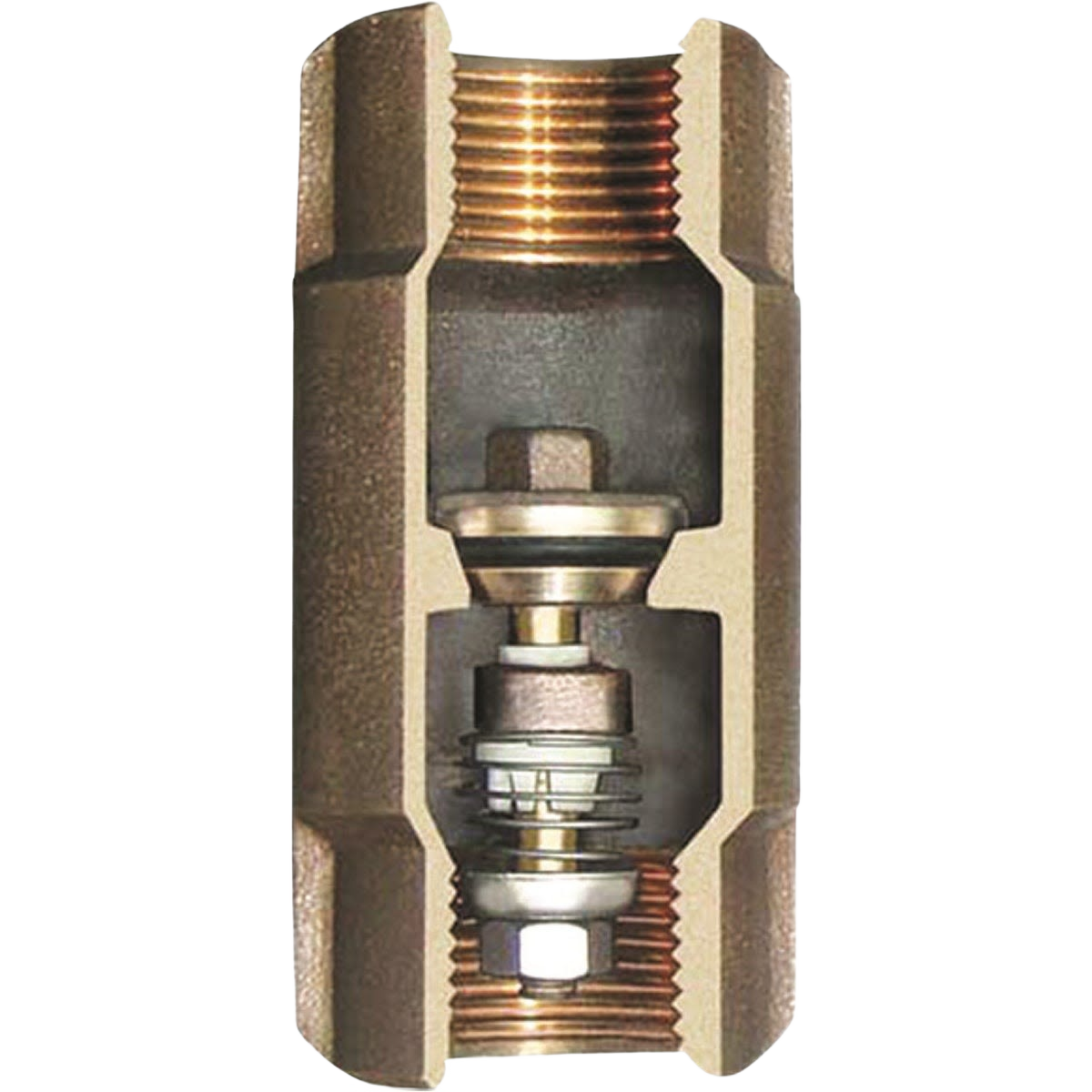 Cutaway view of silicon bronze check valve showing internal mechanism and threaded ends for plumbing installation