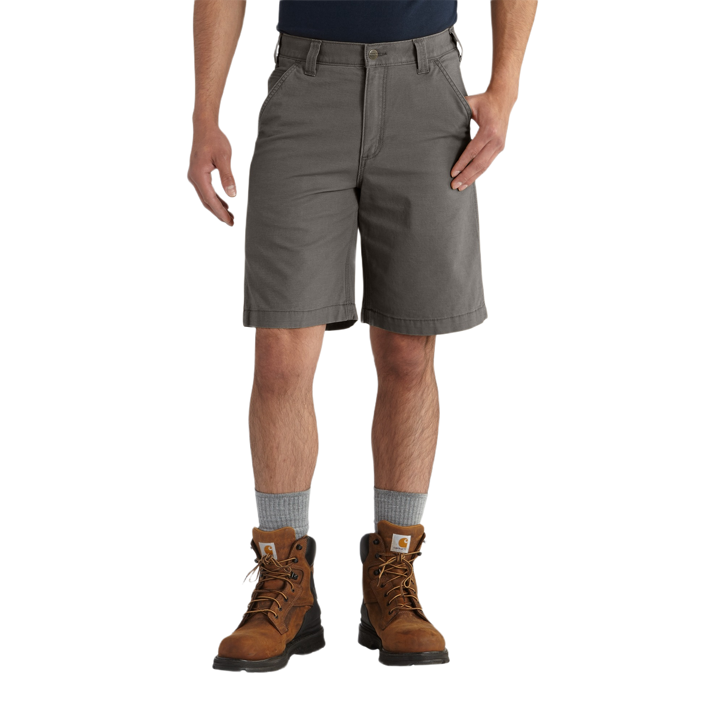 Men's relaxed fit 10-inch gray dungaree shorts in cotton-spandex canvas with Rugged Flex stretch technology