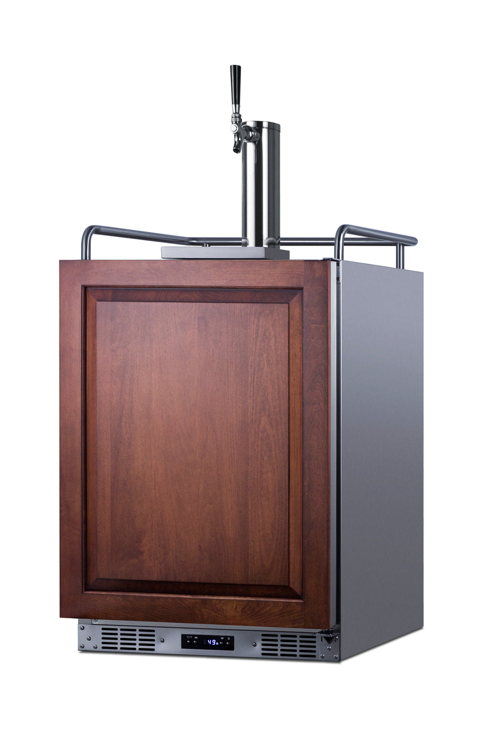 Built-in 24-inch beverage center with wood panel door, stainless steel draft tower, and digital temperature display