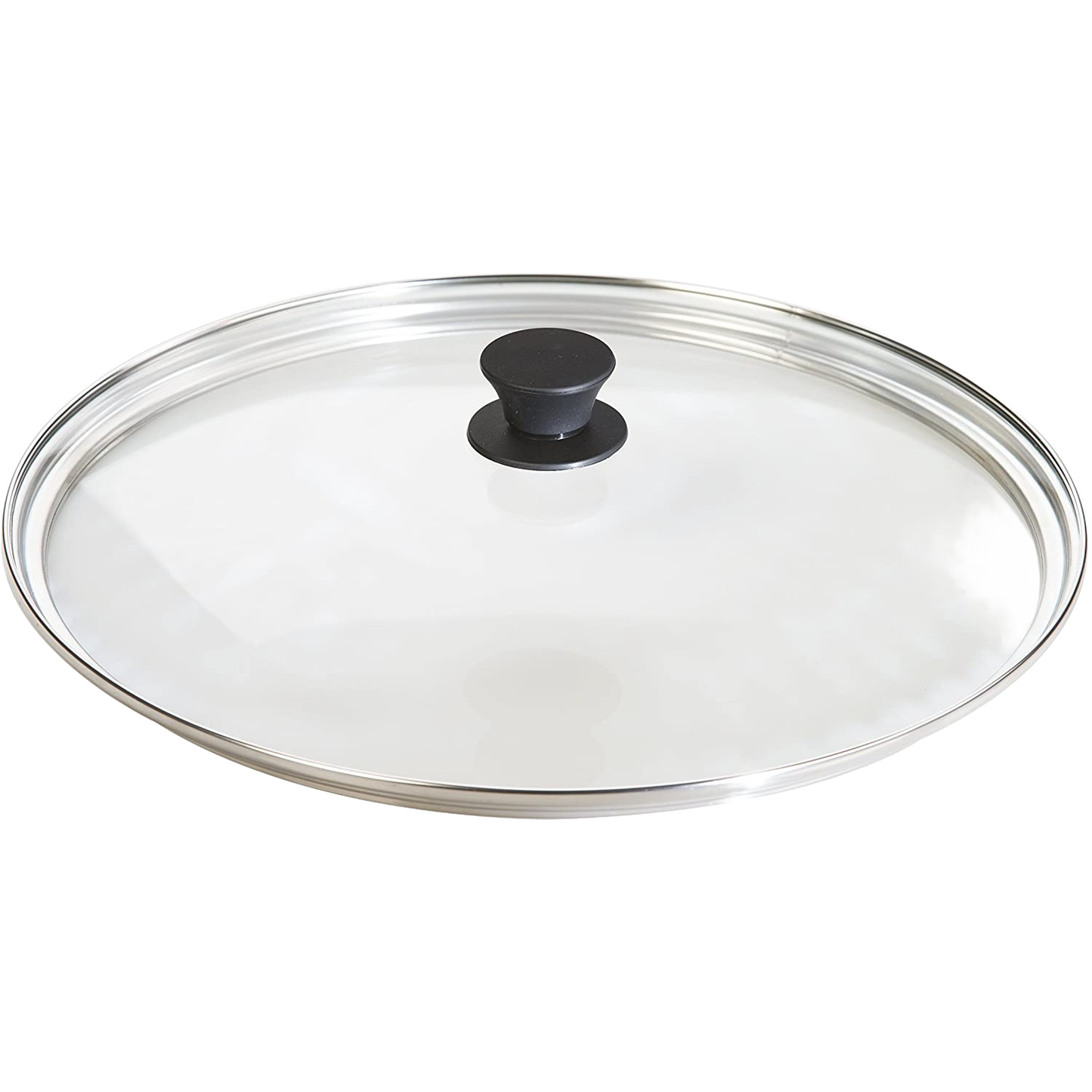 Round clear lid with black knob and stainless steel rim for kitchenware and Lodge cast iron collections under $50