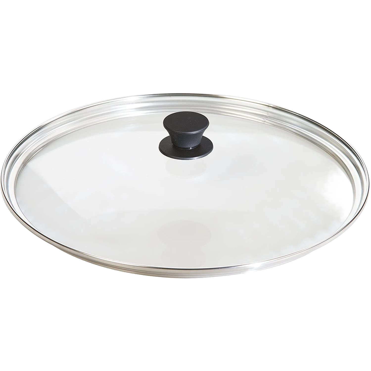 Round clear lid with black knob and stainless steel rim for kitchenware and Lodge cast iron collections under $50
