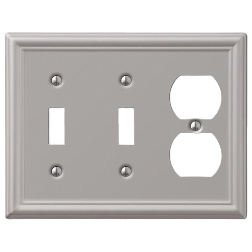 Brushed nickel steel wall plate with two toggle switch openings and one duplex outlet opening for home improvement