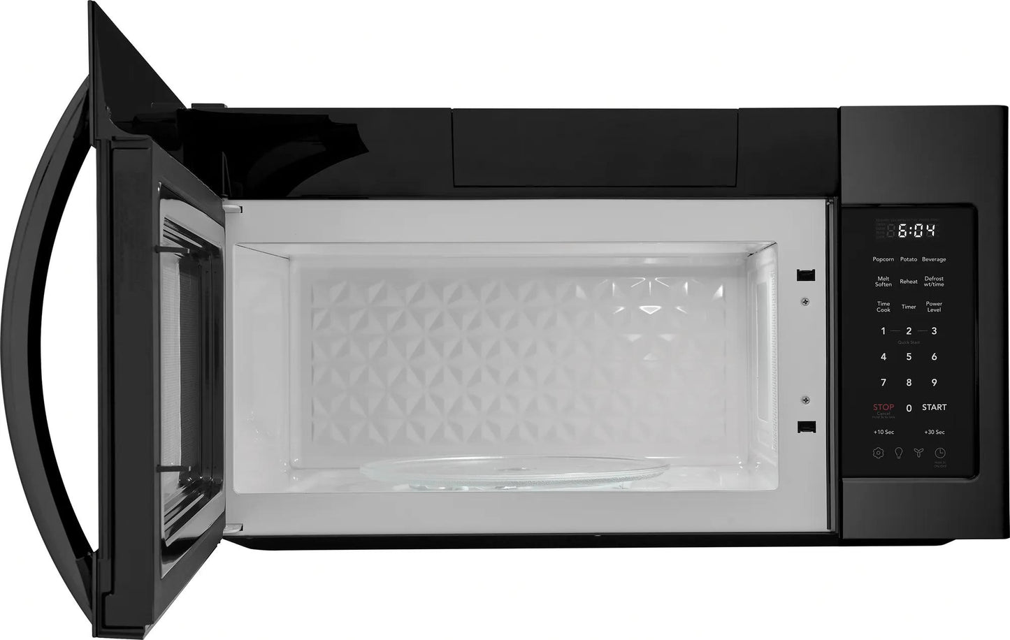 black over-the-range microwave with open door, digital keypad, and illuminated interior for kitchen appliances