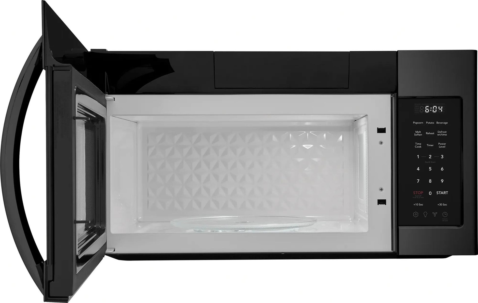 black over-the-range microwave with open door, digital keypad, and illuminated interior for kitchen appliances