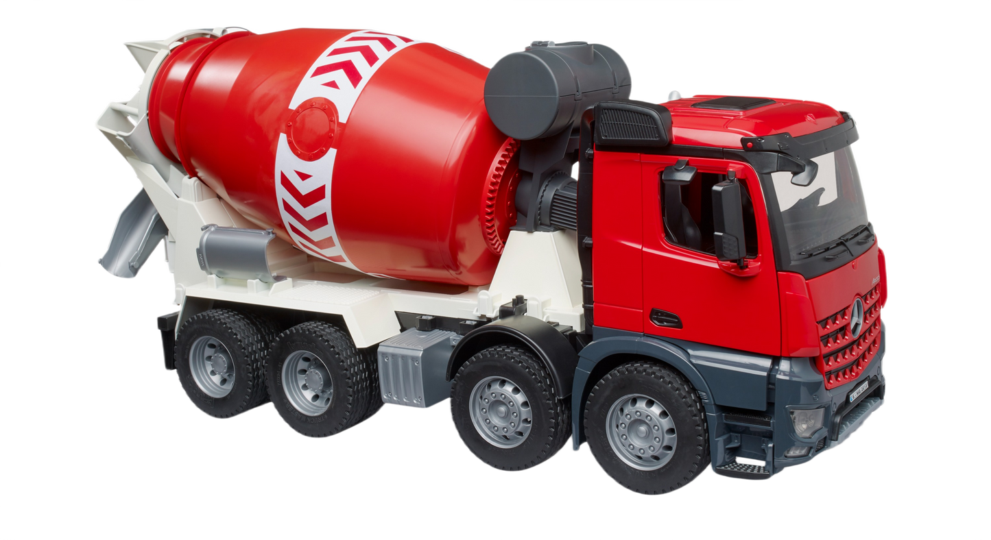 Detailed red and white cement mixer toy truck with rotating drum and realistic construction vehicle features for play