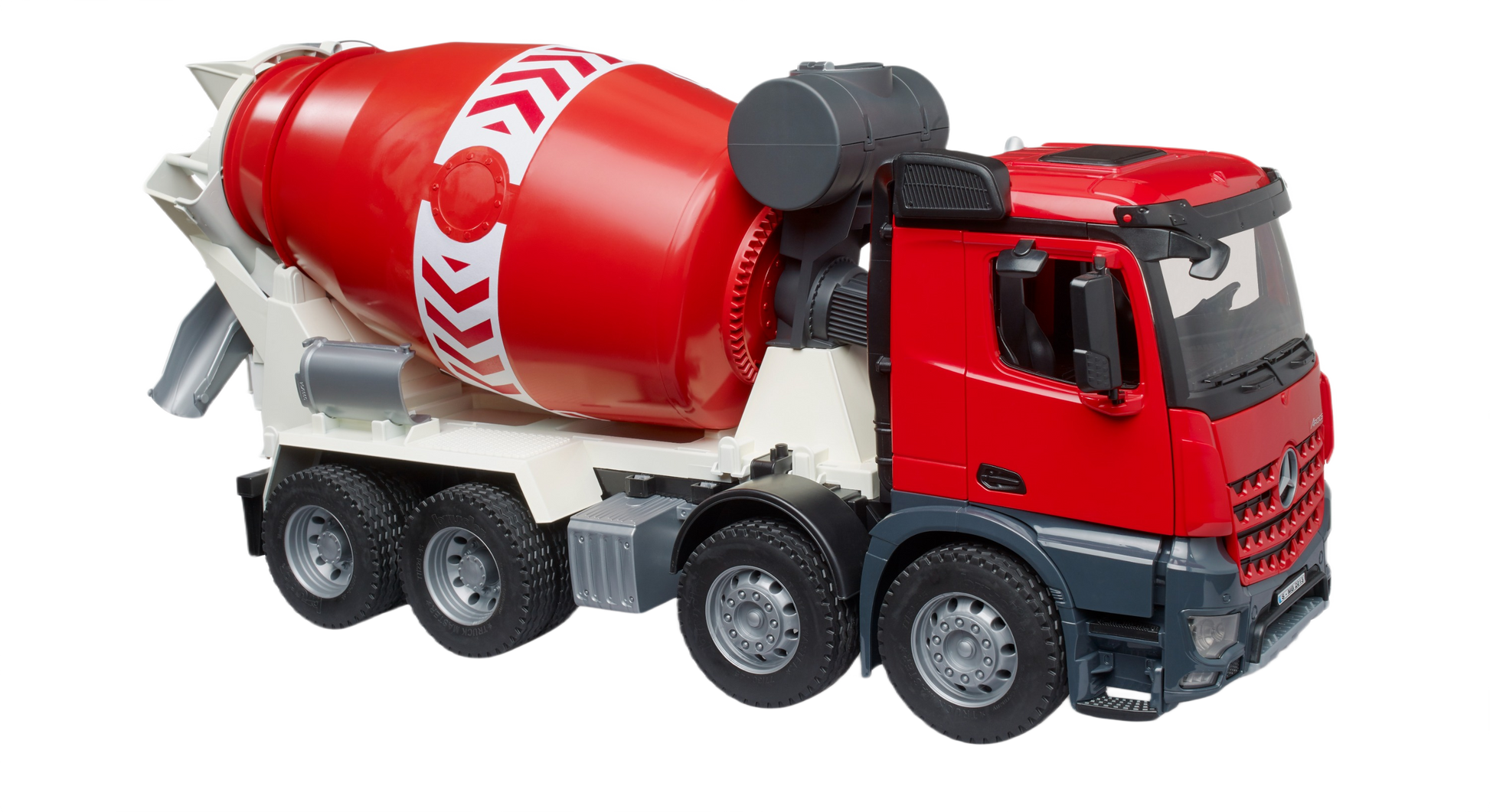 Detailed red and white cement mixer toy truck with rotating drum and realistic construction vehicle features for play