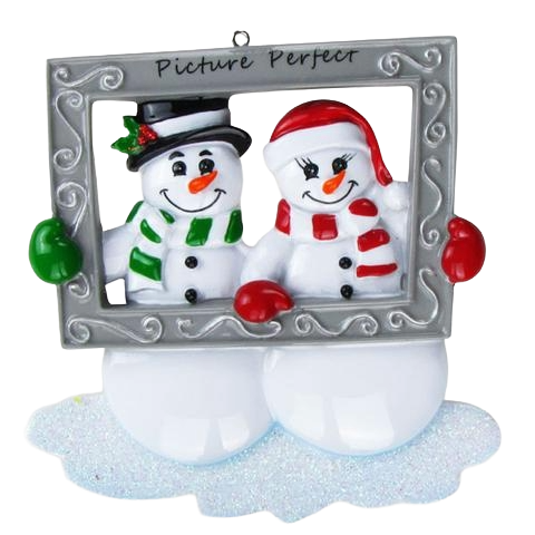 Snow couple figurines holding decorative silver frame with "Picture Perfect" text for Christmas décor under $50