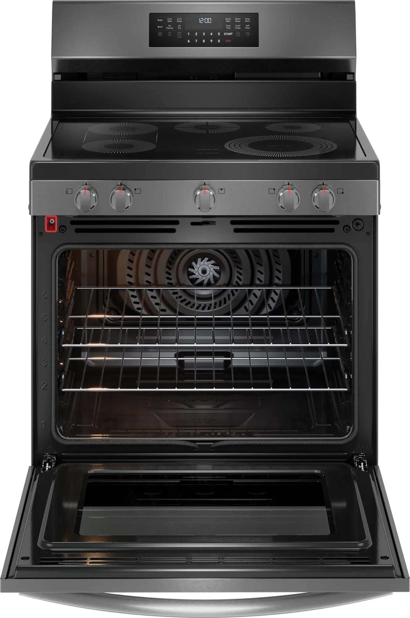 30-inch electric range with rear controls, smooth cooktop, convection oven, and open door from Ranges & Kitchenware collection