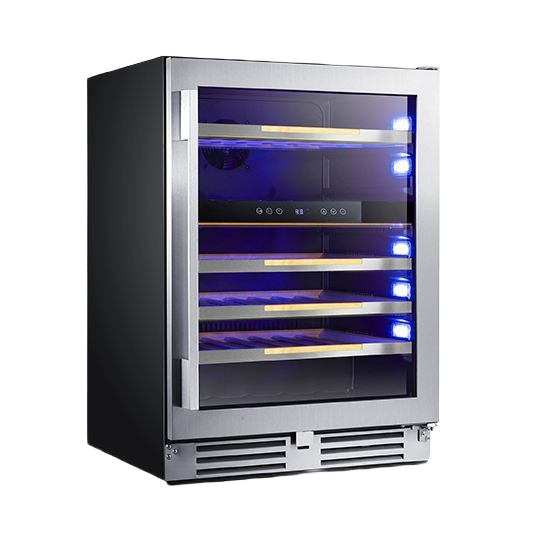 Under-counter kitchen wine chiller with stainless steel frame and wooden shelves illuminated by blue LED lighting