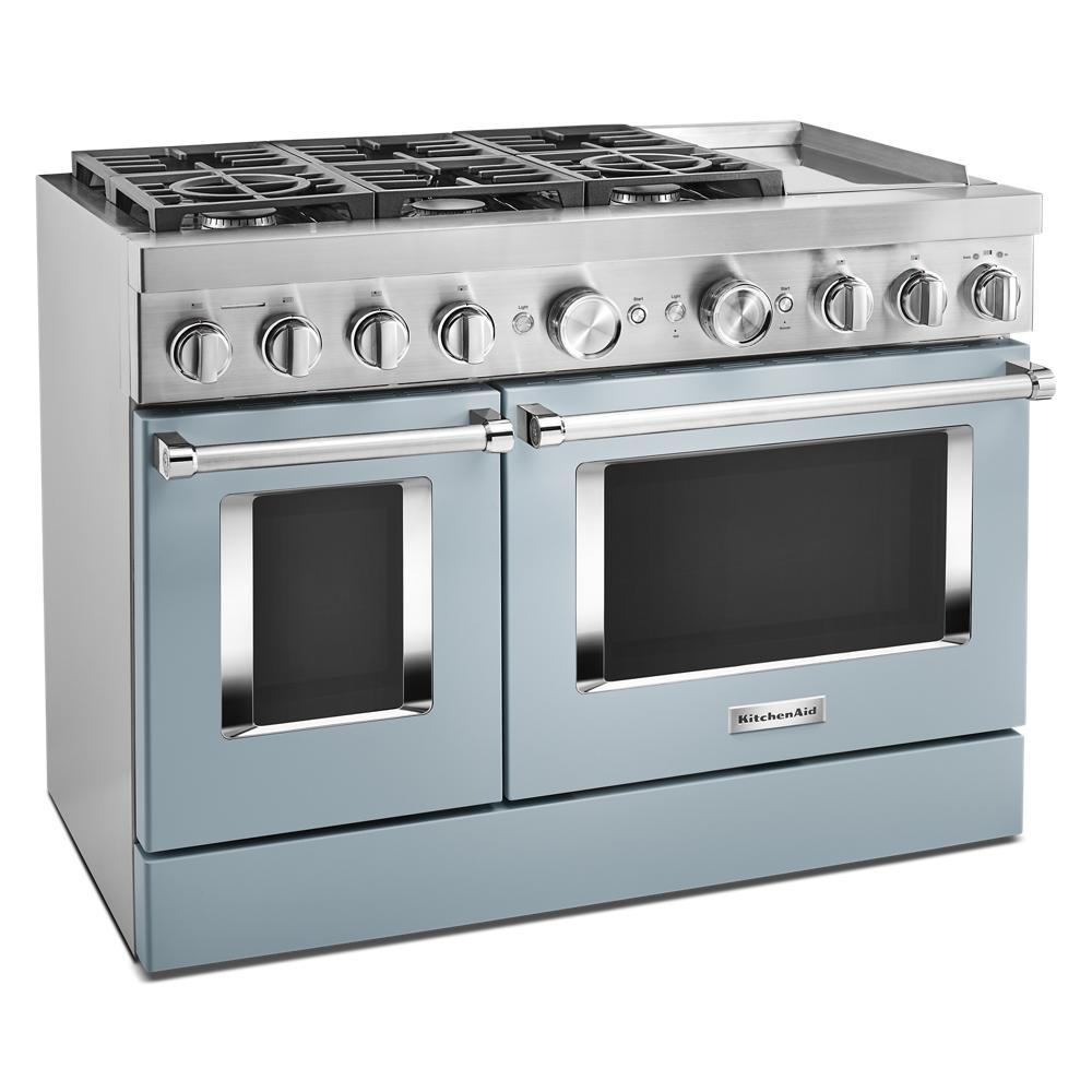 48-inch commercial-style dual fuel range with six gas burners, electric griddle, and double ovens in Appliances collection