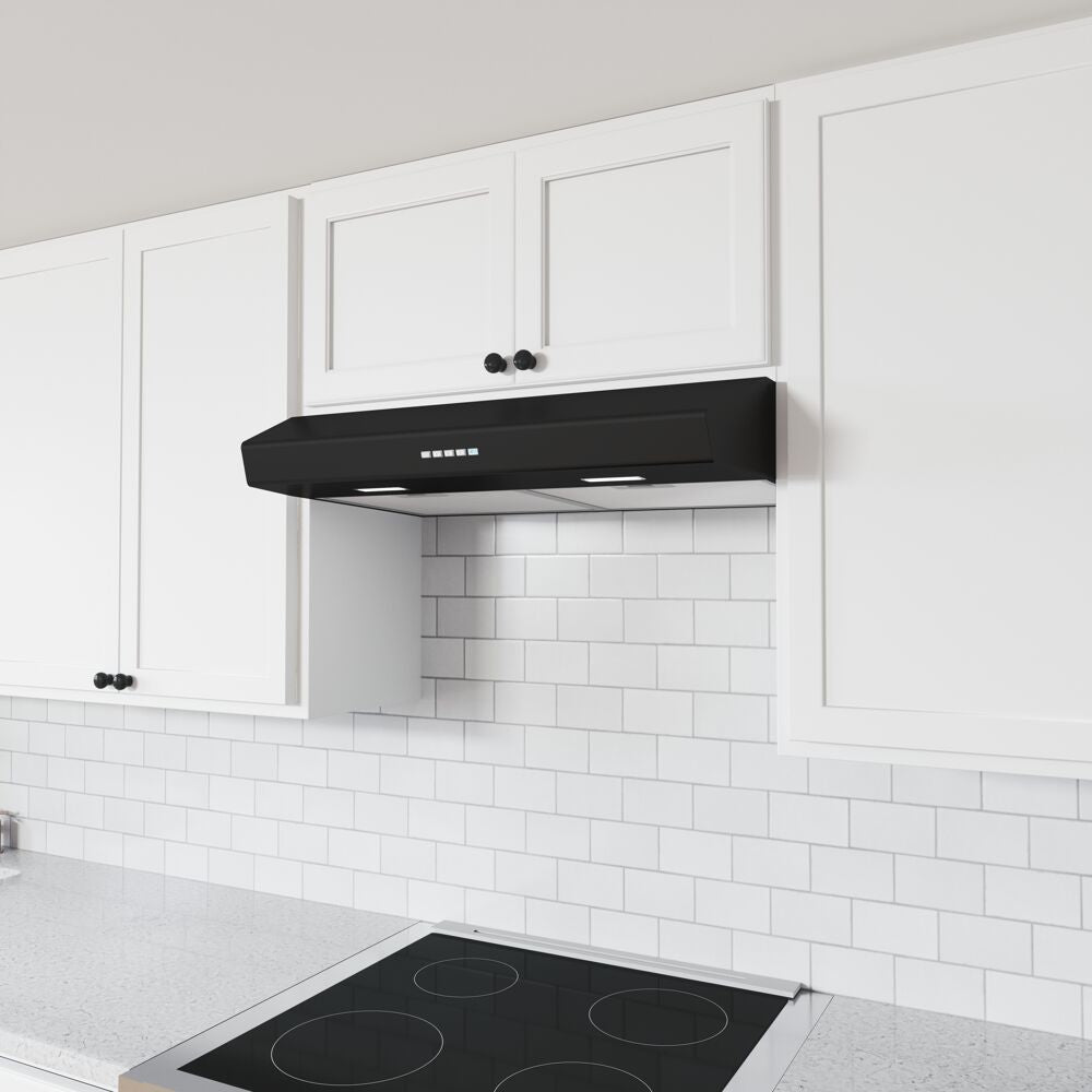 Black under cabinet range hood with LED lights and 3-speed controls above electric cooktop in modern kitchen setting