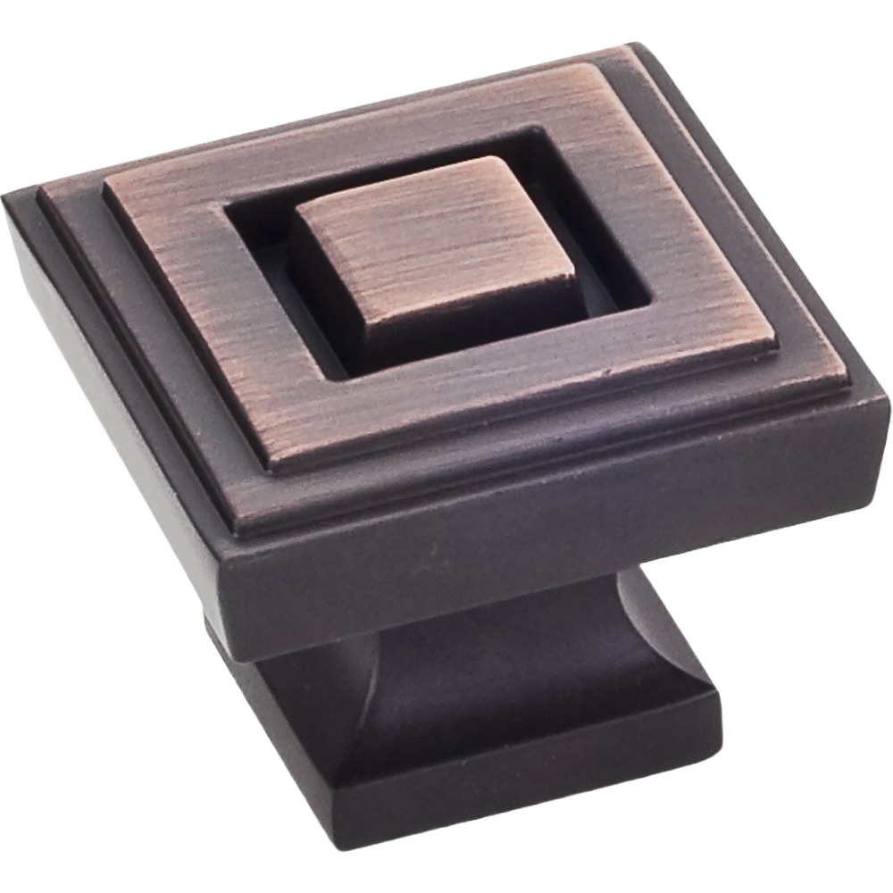 Square brushed oil rubbed bronze cabinet knob with layered design for home improvement and tools projects